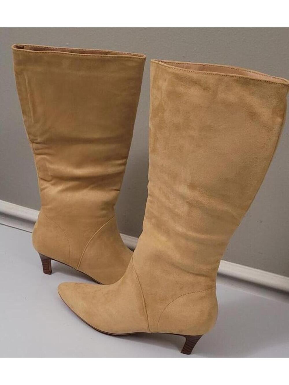 Coutgo Women's Knee High Calf Kitten Heel Boots Suede Pointed Toe Size 8